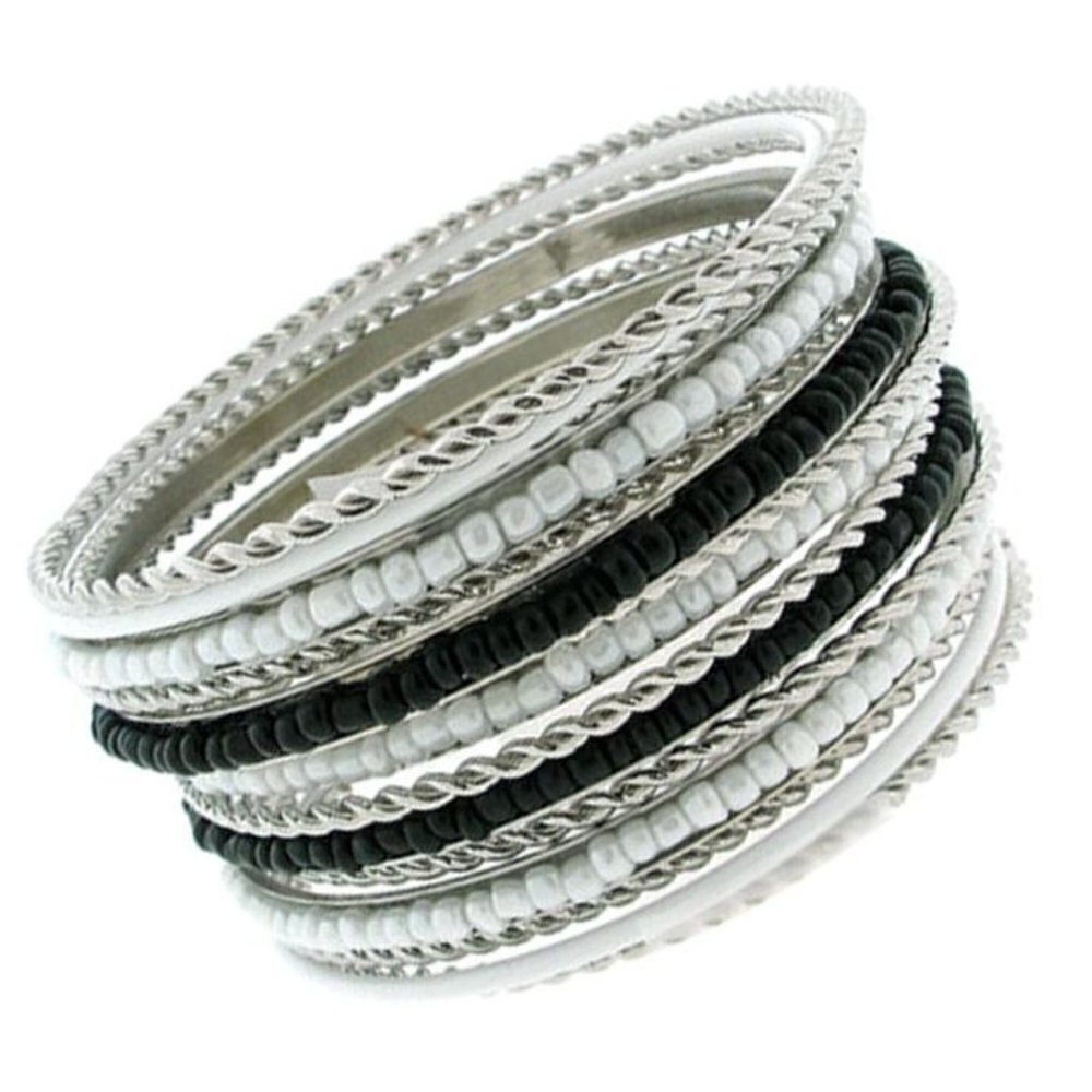 Silver Cable Seed Bead Bangle Cabo Black Pearly White Beaded Bracelet Set of 14